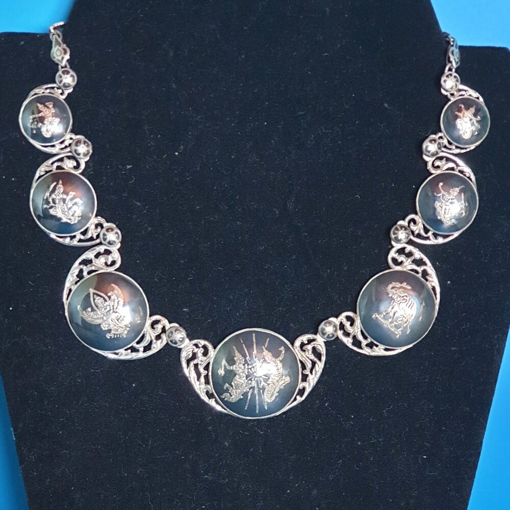 1940s Magnificent Siam Nakon Sterling 930 Silver Black Enamel Statement Necklace